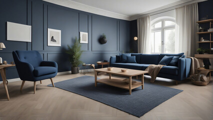 Naklejka na ściany i meble Dark blue sofa and recliner chair in scandinavian apartment. Interior design of modern living room. Created with generative