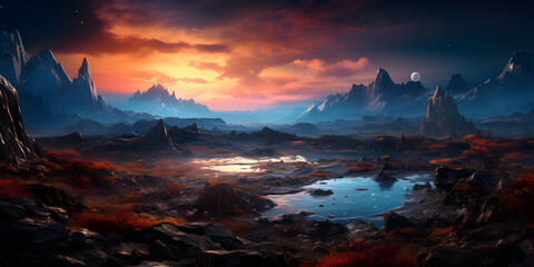 panoramic beautiful alien world landscape with lake sunset and clouds