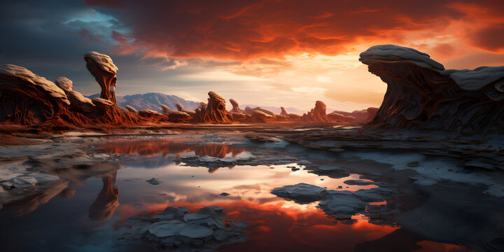 panoramic beautiful alien world landscape with lake sunset and clouds