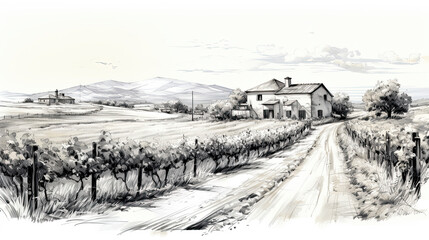 Drawing of a Vineyard with grapes growing and a villa