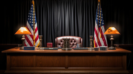 Empty American Style Courtroom. Supreme Court of Law and Justice Trial Stand. Courthouse Before Civil Case Hearing Starts. Grand Wooden Interior with Judges Bench, Defendants and Plaintiffs Tables. - obrazy, fototapety, plakaty