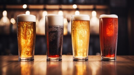 1-5 craft beer glasses lined up on a table, with beautiful bokeh.