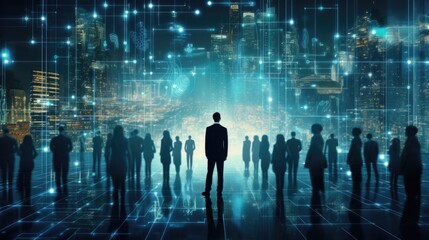 Business executives, men and women Looking outside of a building filled with many tall buildings lined up.