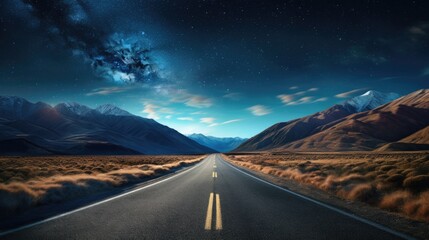 The road leads into a mountain valley. In the sky, the Milky Way and clouds appeared, looking beautiful.