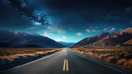 Foto op Canvas The road leads into a mountain valley. In the sky, the Milky Way and clouds appeared, looking beautiful. © panu101