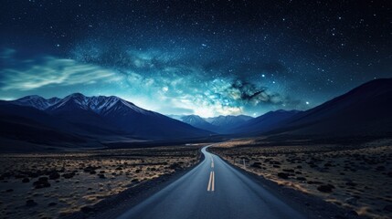 The road leads into a mountain valley. In the sky, the Milky Way and clouds appeared, looking beautiful.