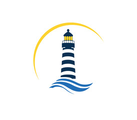 Lighthouse beacon sun sea tower sunset view illustration vector PNG image