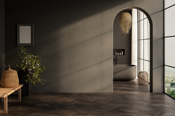 Stylish gray bathroom interior with parquet floor, window with mountain view, dark wall, big...