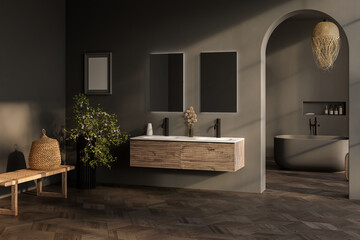 Stylish gray bathroom interior with parquet floor, window with mountain view, dark wall, big bathtub, and white basin with vertical mirrors and wooden vanity.