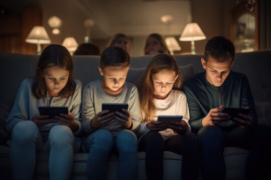 Parents and children using digital devices together while discussing online safety, including the importance of privacy and responsible online behavior. Generative Ai