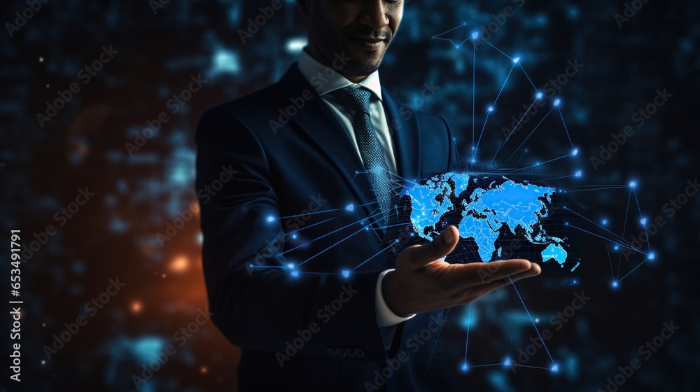 Wall mural Businessman holding globe futuristic view. AI generated image