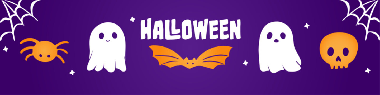 Halloween set of cute vector illustrations. Ghost, bat, spider, skull.