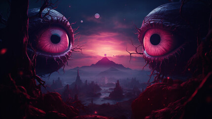 Giant monsters eyes watching from magenta sky