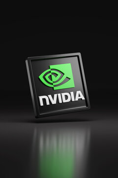 Buenos Aires, Argentina; September 12th, 2023: Solid Nvidia logo isolated on dark background. 3d illustration.