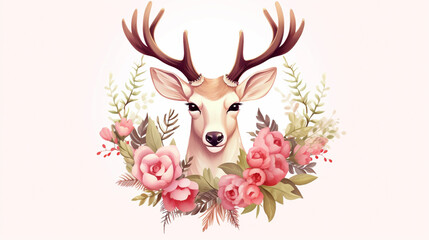 christmas reindeer with flower wreath ornament. ai generative
