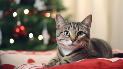 funny cat at home sitting at home Beautiful Christmas background with a new year, Christmas tree. ai