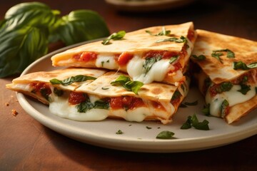 This closeup shot captures the essence of a Margherita quesadilla, highlighting the goldenbrown tortilla that encases a cheesy center. Each bite reveals the delightful combination of creamy - obrazy, fototapety, plakaty