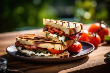 This enticing food shot showcases the rustic charm of a Caprese Panini, with its slightly charred bread, showcasing the presence of grill marks, and the burst of colors from the tomato and