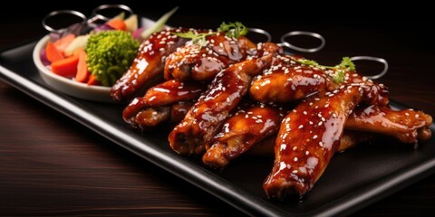 A delightful platter featuring chunks of grilled chicken brushed with a luscious teriyaki glaze, skillfully balancing the sweet and salty flavors with an aromatic touch of sesame.