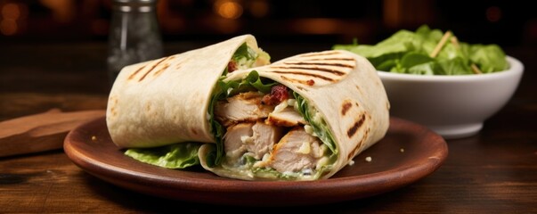 This wellcomposed image highlights a sctious Chicken Caesar Wrap, b with juicy grilled chicken, vibrant greens, nutty Parmesan shavings, and a velvety Caesar dressing, elegantly wrapped - obrazy, fototapety, plakaty