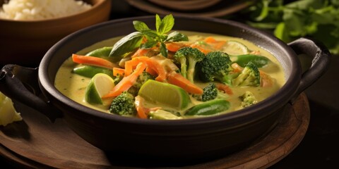 A tantalizing image capturing the vibrant colors of Thai green curry, featuring a medley of fresh seasonal vegetables, including crisp broccoli florets, tender snow peas, and baby carrots,