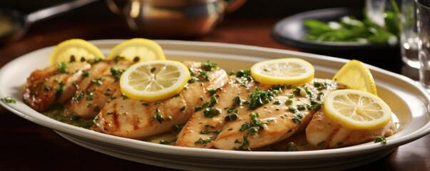 With the chicken piccata taking center stage, thin slices of lemon zest are meticulously p atop the meat, adding a burst of freshness and visual appeal to every bite.