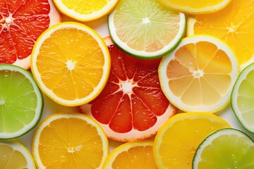 A veritable rainbow of colors comes to life in this shot, showcasing slices of various citrus fruits beautifully arranged in a wheellike pattern. The invigorating scent of oranges, lemons, - obrazy, fototapety, plakaty