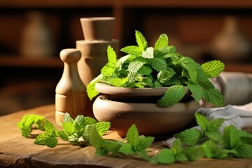 Capturing the essence of freshness, this shot showcases a bundle of fragrant mint leaves, carefully arranged beside a pestle and mortar, offering endless possibilities in flavor.