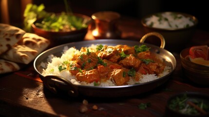 A mouthwatering shot of a platter of aromatic chicken curry, vibrant in color and topped with fragrant herbs, served alongside fluffy basmati rice and warm, ery naan bread.