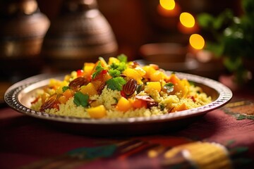 With its vibrant colors and intricate design, a plate of Moroccaninspired couscous steals the show in this shot, infused with an enticing blend of es like cumin, coriander, and cinnamon