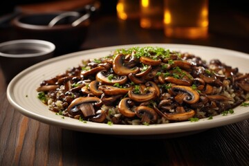An artful composition that showcases a rustic plate of wild rice, cooked to perfection until each grain maintains its distinct nutty texture, topped with saut ed mushrooms, caramelized onions,