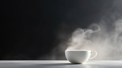 A minimalist shot of a pure white porcelain teacup b with steaming milk, demonstrating the epitome of simplicity and highlighting the calming qualities of this timeless beverage. - obrazy, fototapety, plakaty