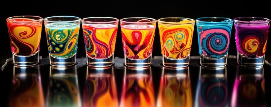 An upclose image focusing on a rather playful arrangement of milkfilled shot glasses, each adorned with a colorful swirl of flad syrups, enticing the viewer to take a sip and embark on a
