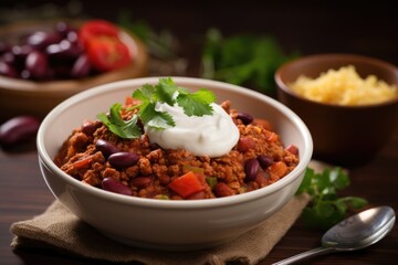 The image focuses on a warm and hearty bowl of bulgur chili, featuring a flavorful medley of kidney beans, diced tomatoes, onions, and a mix of es, all simmered to perfection and served