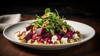 The image portrays a visually stunning barley and beetroot salad. The tender barley grains are accompanied by roasted beets, tangy goat cheese, and earthy walnuts, all delicately p on a