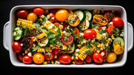 A visually pleasing shot featuring a colorful summer salad. Juicy cherry tomatoes, crisp cucumber slices, and fresh herbs are beautifully arranged alongside roasted corn, adding a burst