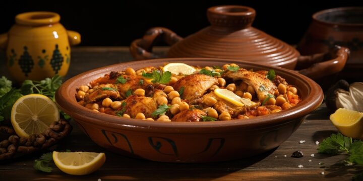 A rustic shot showcasing a classic Moroccan tagine filled with tender pieces of chicken, preserved lemon, and hearty chickpeas, cooked in fragrant es like cinnamon, cumin, and ginger.