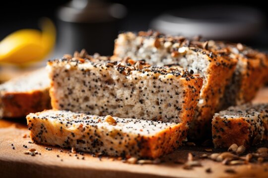 An angled shot of chia seeds sprinkled over a freshly baked slice of banana bread. The seeds add an attractive visual element and offer a delightful textural contrast to the softness of