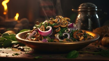 In a rustic bowl, a mingling of spinach, red onions, and golden saut ed mushrooms entices the taste buds. The earthy greens provide a refreshing contrast against the rich caramelized flavors