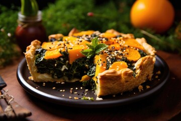 A captivating photograph capturing a sweet and savory sweet potato and kale pie, sprinkled with a delicate arrangement of sesame seeds, showcasing the tender green leaves and vibrant orange - obrazy, fototapety, plakaty