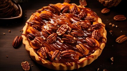A delightful overhead shot displaying a festive sweet potato and pecan tart, showcasing a flaky golden crust, luscious sweet potato filling, and a tering of toasted pecans, all drizzled