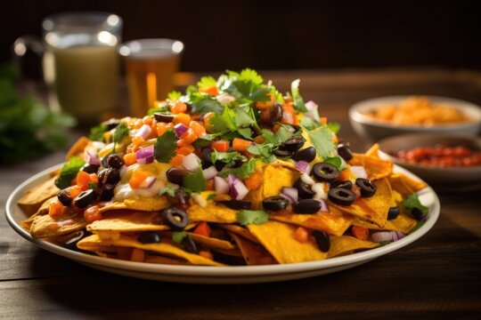 A delectable image showcasing a platter of sweet potato nachos, piled high with crisp tortilla chips, gooey melted cheddar cheese, y black beans, and a colorful assortment of diced red onions,