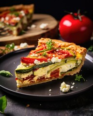 A visually stunning image showcasing a slice of fluffy quiche, where juicy, roasted red peppers mingle with zucchini ribbons and feta cheese, creating a feast for both the eyes and the taste