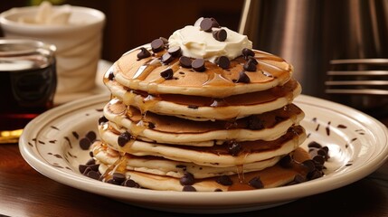 A mouthwatering plate of pancakes adorned with a delightful assortment of chocolate chips, transforming the classic breakfast into a delightful treat. - obrazy, fototapety, plakaty