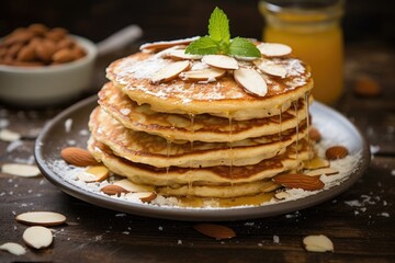 A stack of paleofriendly pancakes, crafted with almond flour and coconut milk, garnished with a sprinkling of toasted almonds and a drizzle of honey.