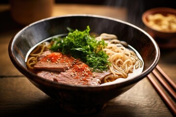 A captivating closeup shot capturing the rustic charm of a bowl of ramen that celebrates traditional Japanese ingredients, with tender s of thinly sliced beef, delicate enoki mushrooms,