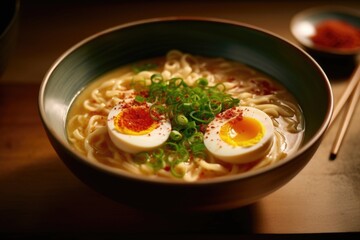 An overhead shot capturing the sensory delight of a steaming bowl of ramen, featuring delicate handpulled noodles swimming in a velvety, creamy broth with a hint of miso and topped with