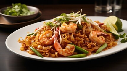 A picturesque photograph showcases a flavorsome rendition of Pad Thai featuring saut ed shrimp, enveloped in a luscious blend of tamarindinfused noodles, complemented by the subtle sweetness