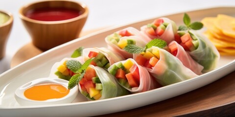 These refreshing and nutritious spring rolls are filled with vibrant, thinly sliced summer fruits like watermelon, pineapple, and papaya, paired with velvety avocado, and served with a creamy