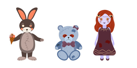 Drawing of Creepy doll. Halloween concept.Vector. Scary toy bear, a one eyed rabbit and a doll with bloody eyes...